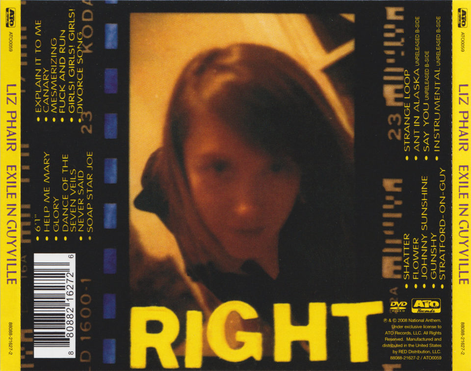 Back cover of the Exile in Guyville CD reissue, listing the eighteen track titles in yellow on black